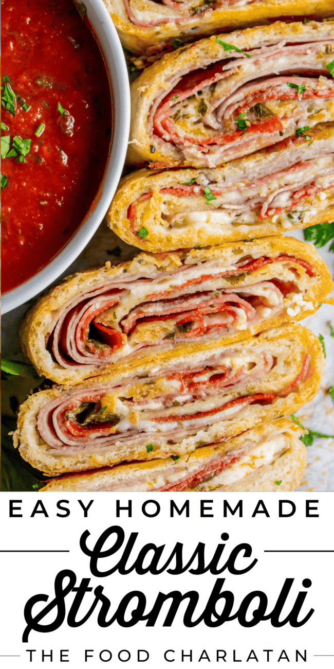 sliced Stromboli sandwich with marinara dipping sauce.