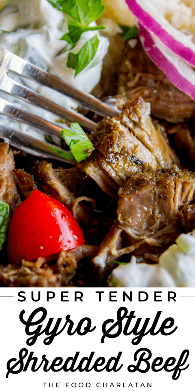 shredded Instant Pot Greek gyro style beef with fresh veggies.