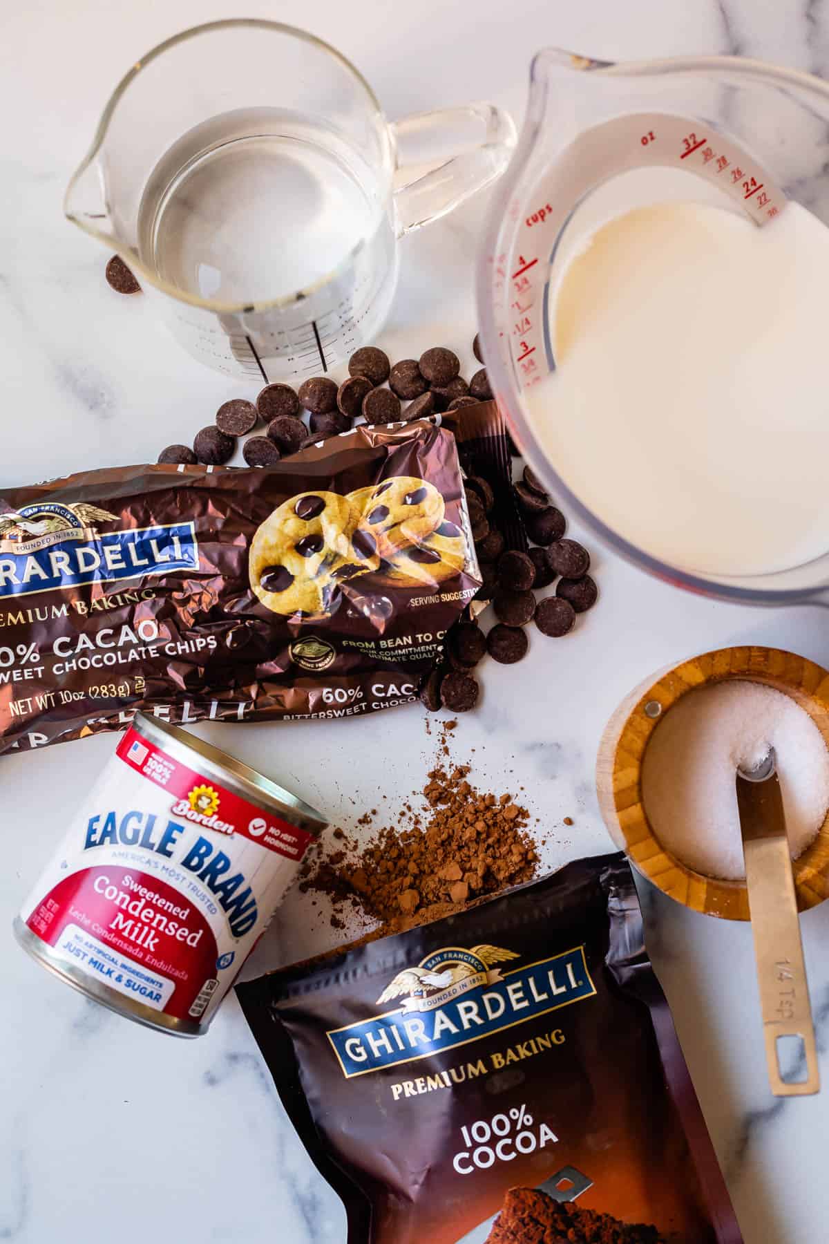overhead shot of ingredients for how to make hot chocolate.