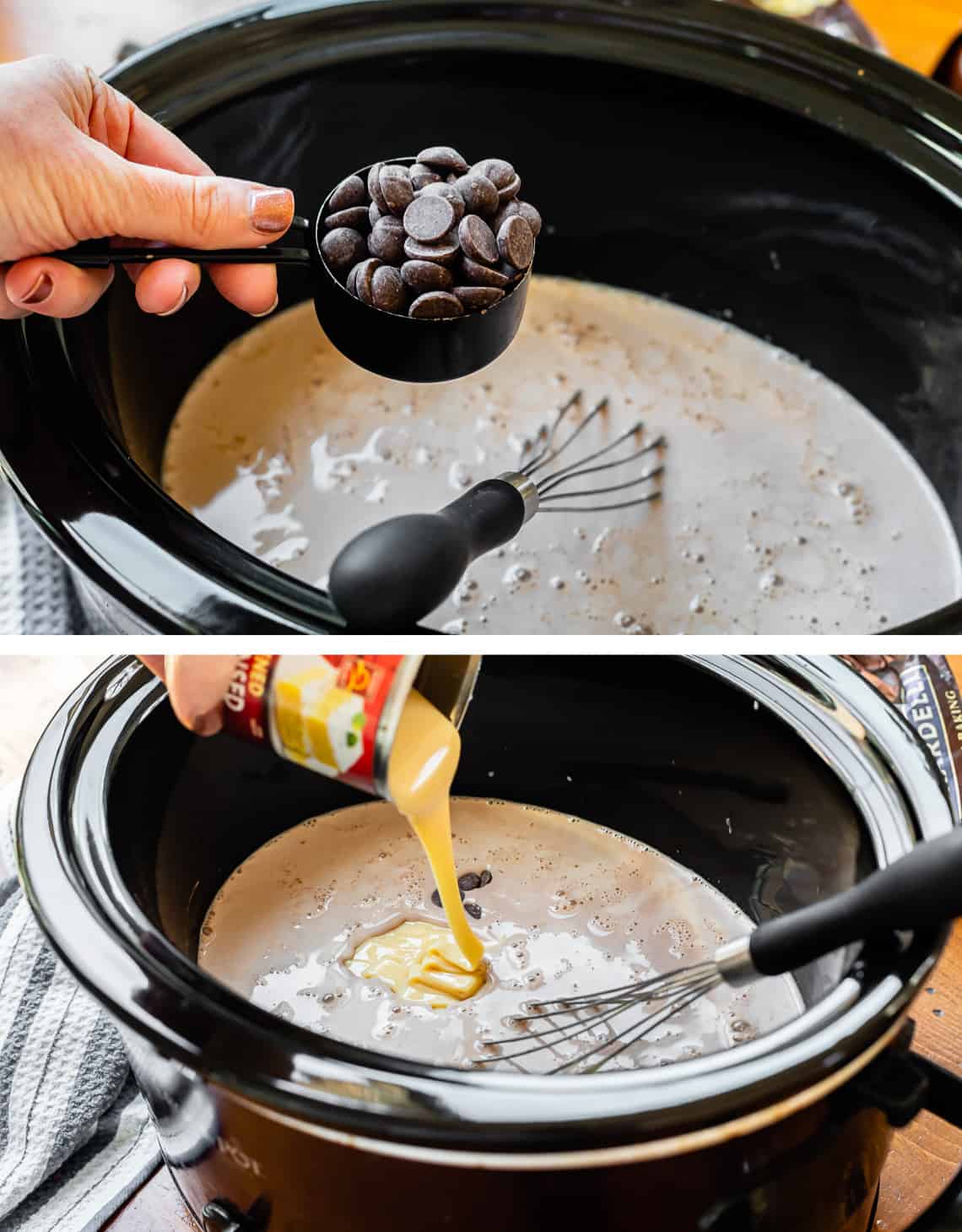 adding dark chocolate chips and sweetened condensed milk to a black crock pot.