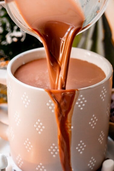 recipe for hot chocolate being poured into a gray and white mug with mini marshmallows.