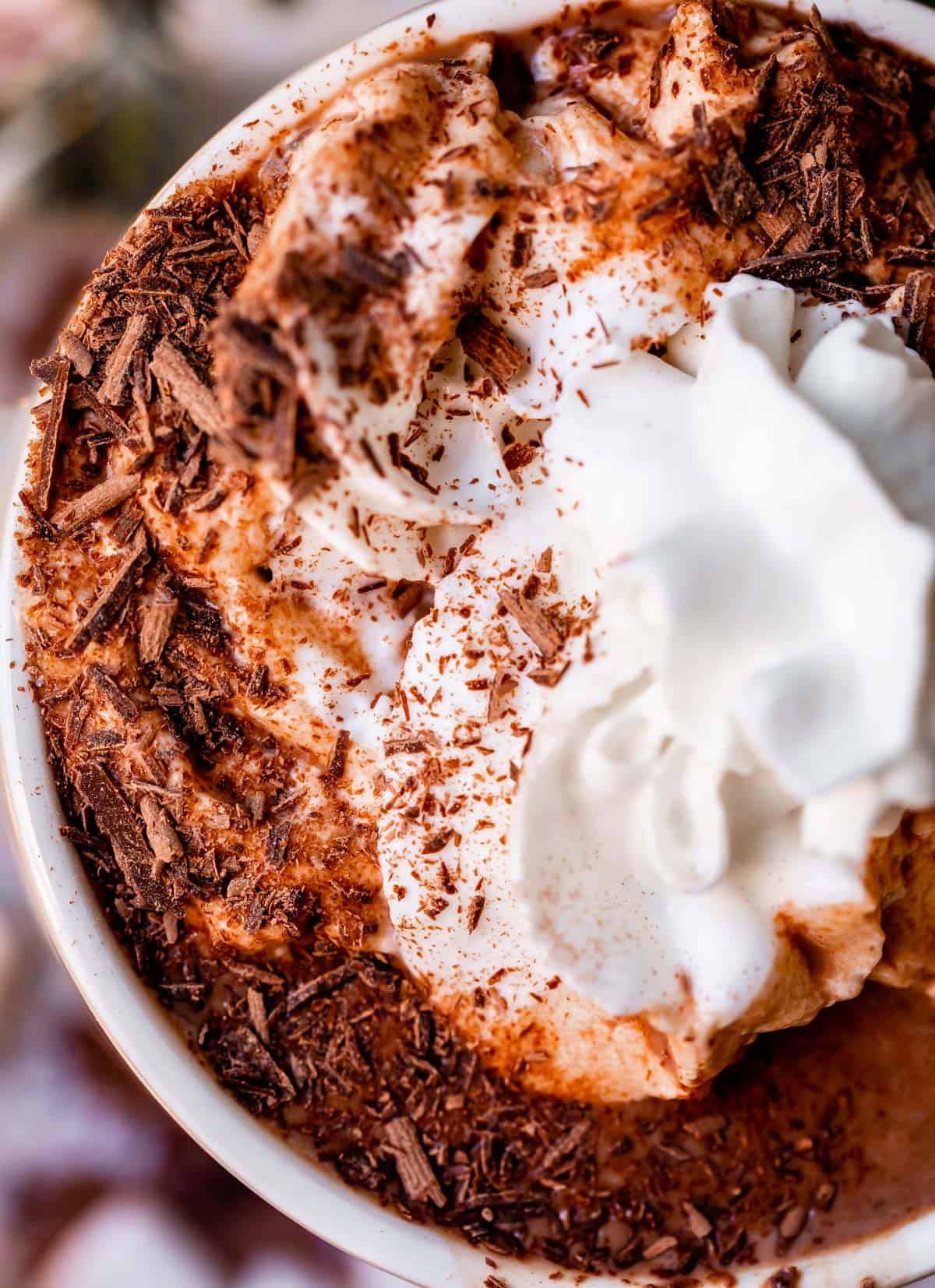 best hot chocolate recipe in a white mug, shot from overhead with whipped cream and chopped chocolate.
