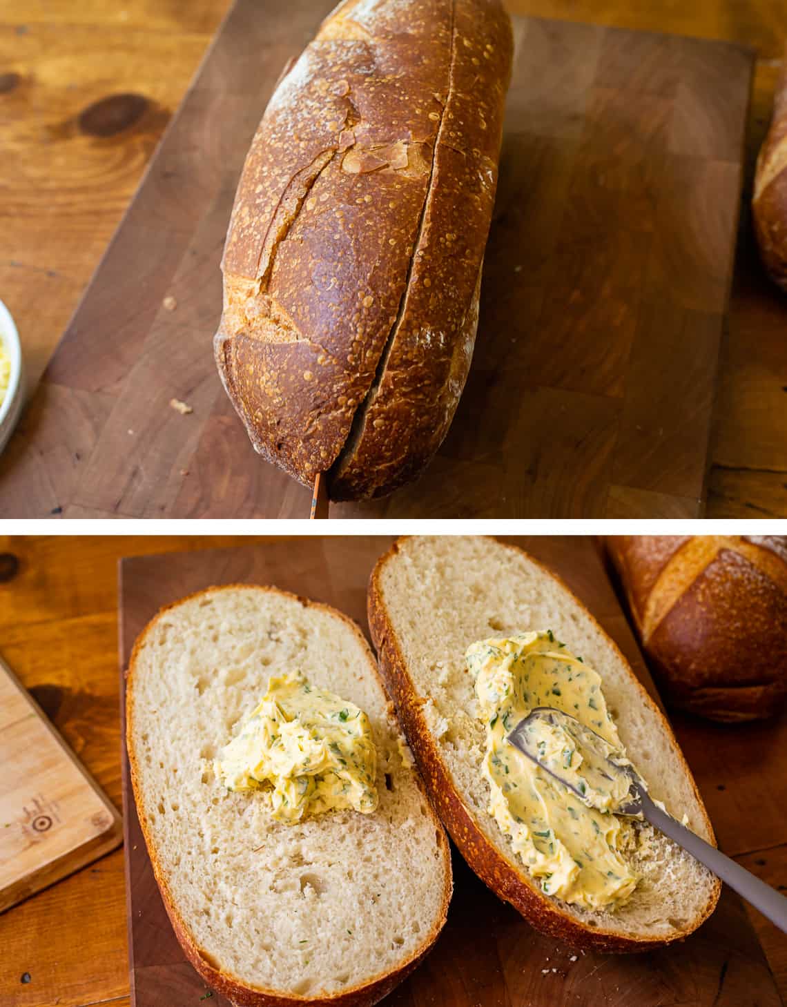 split crusty loaf of bread with homemade garlic butter being spread over it.
