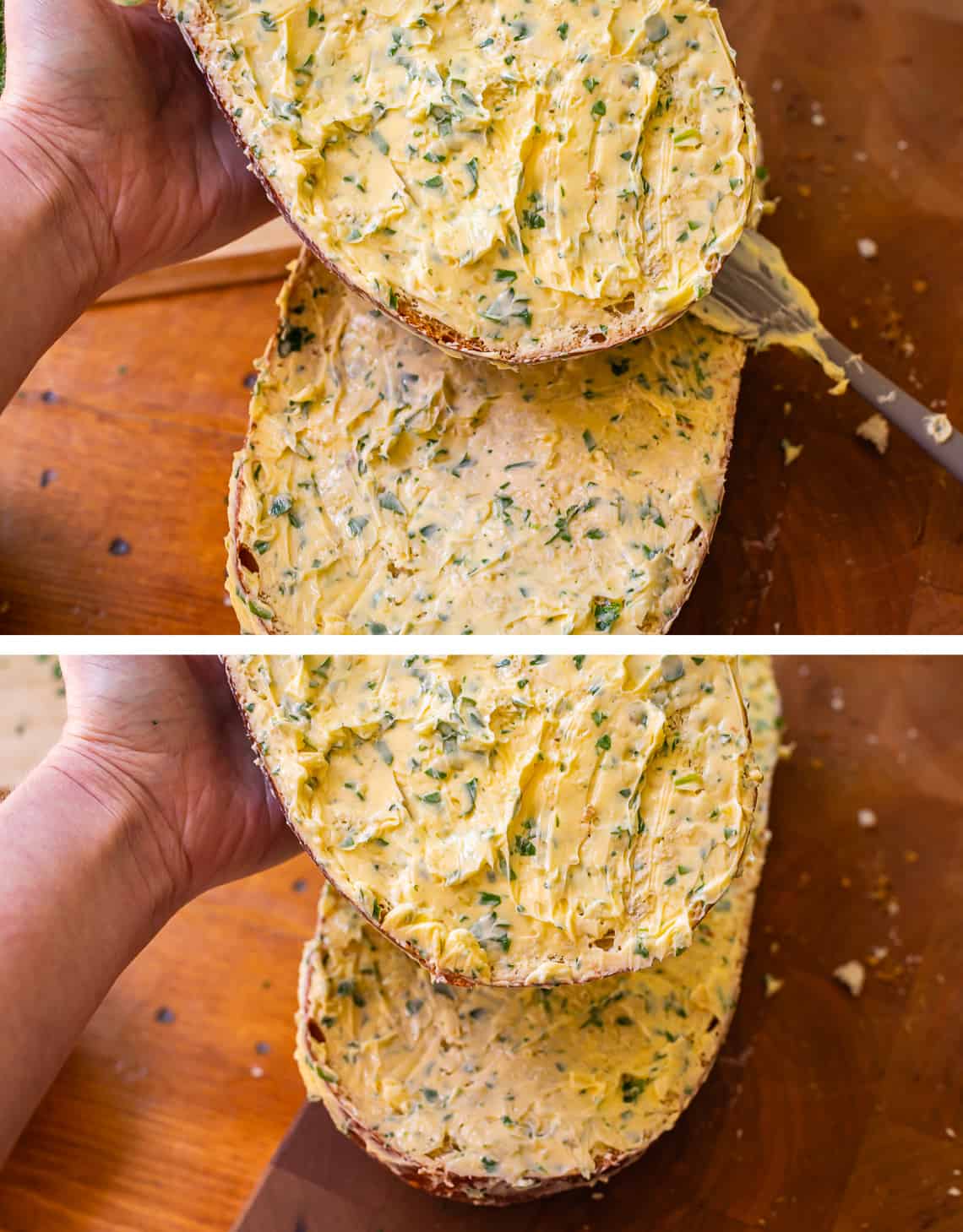 two large halves of a loaf of crusty bread, completely covered in the best garlic buitter.