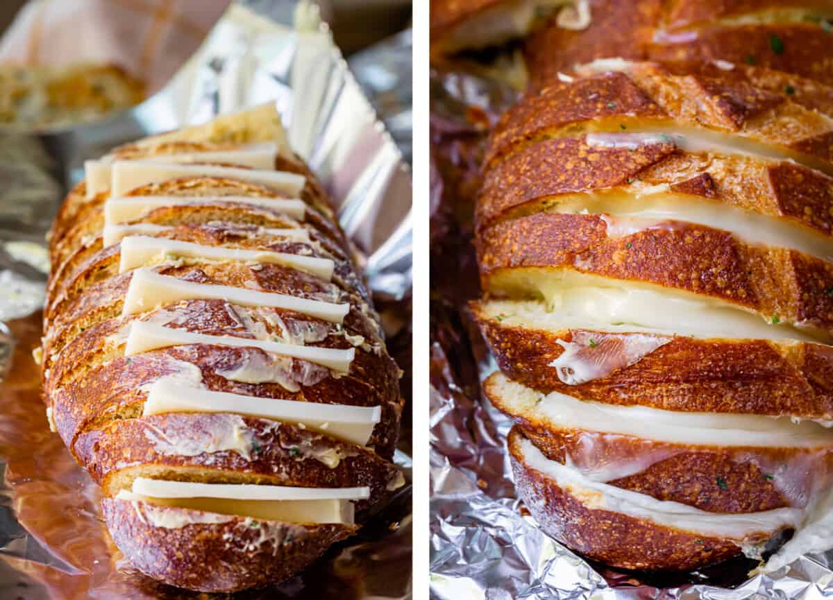 sliced bread spread with butter and mozzarella slices in between each layer; before and after baking.