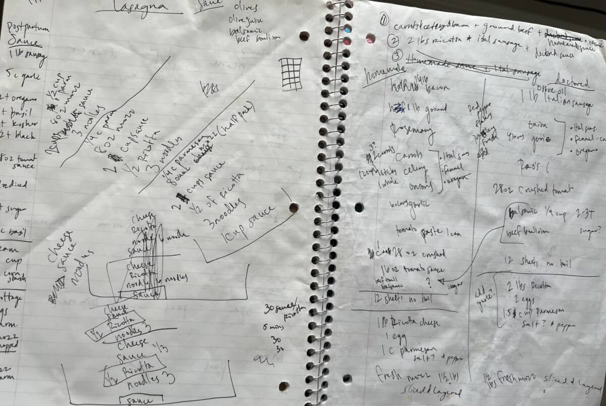 a notebook page with cluttered writing.
