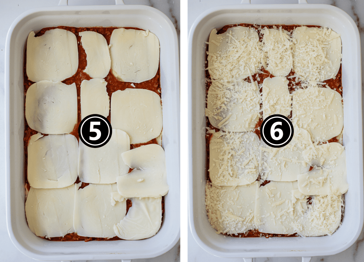 Layering lasagna with slices of fresh mozzarella cheese and shredded mozzarella