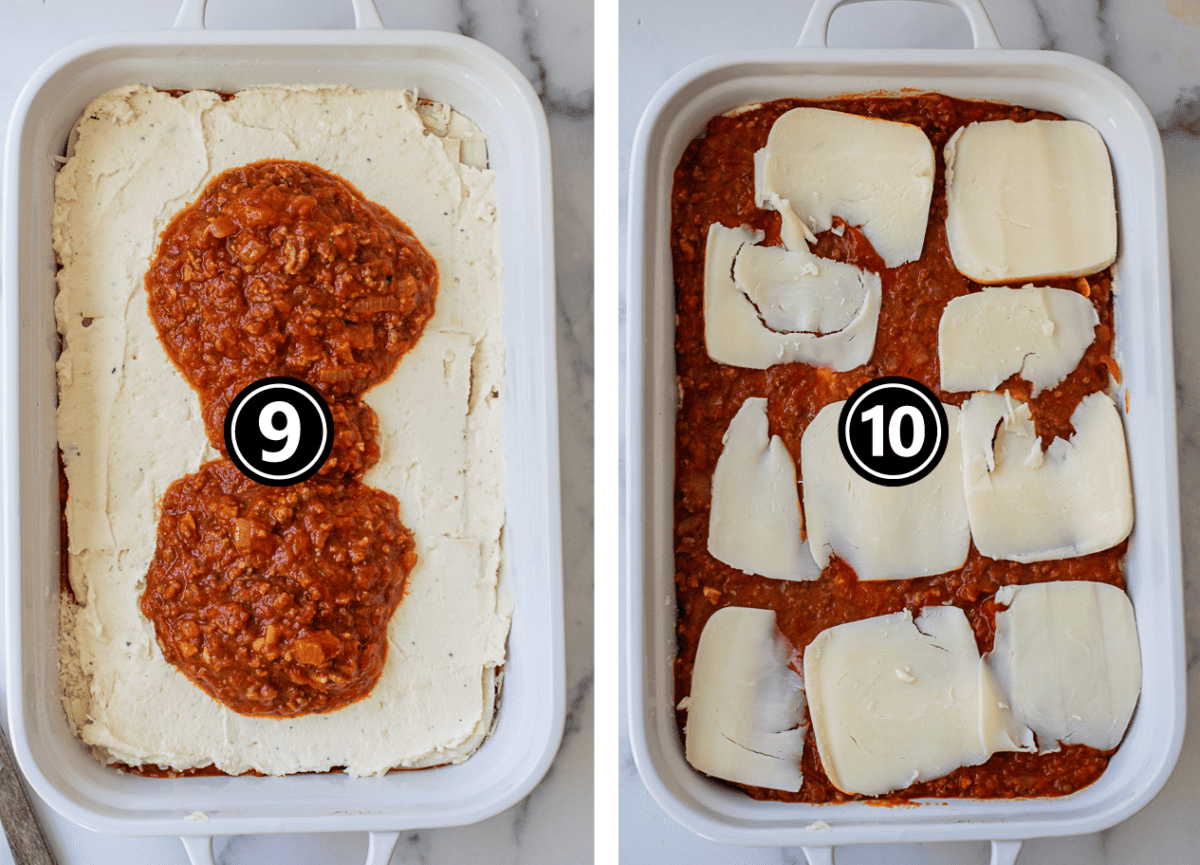 Steps for layering lasagna with scoops of marinara sauce and sliced mozzarella cheese