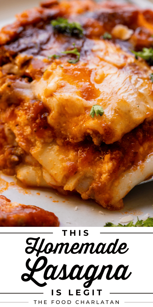 close up of easy lasagna recipe with layers and parsley on top.