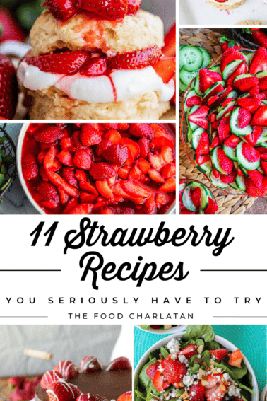 collage of photos all with strawberries in them: shortcake, cookies, cake, salad.