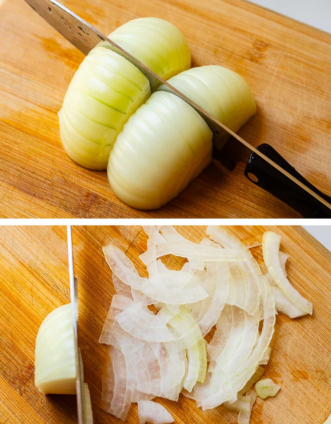 Slicing onions along its height and then width to get very thin cuts.