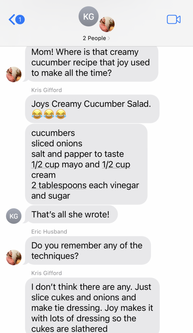 screenshot of text message discussing cucumber salad recipe.