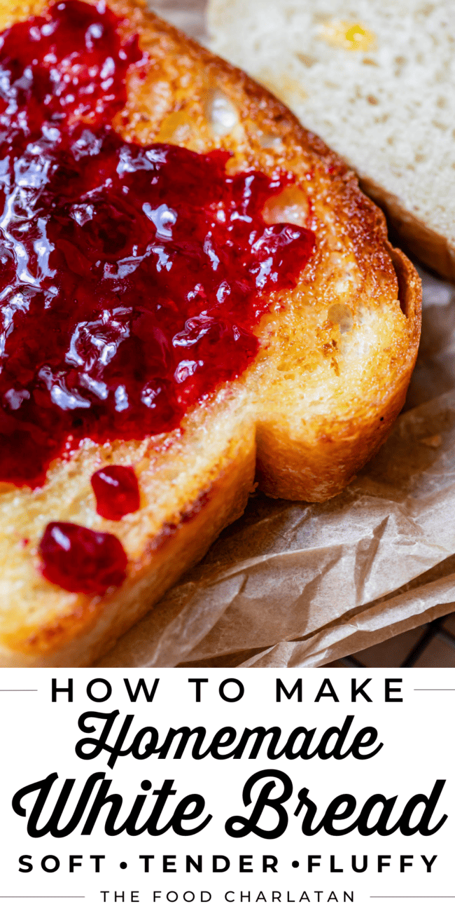 toasted and buttered white bread with jam, on parchment paper.