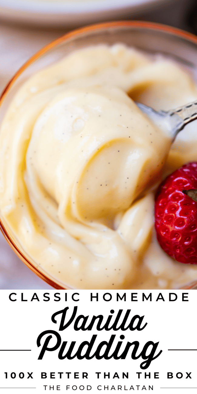 Close up of a spoon lifting a bite of vanilla pudding from a pink glass serving dish.
