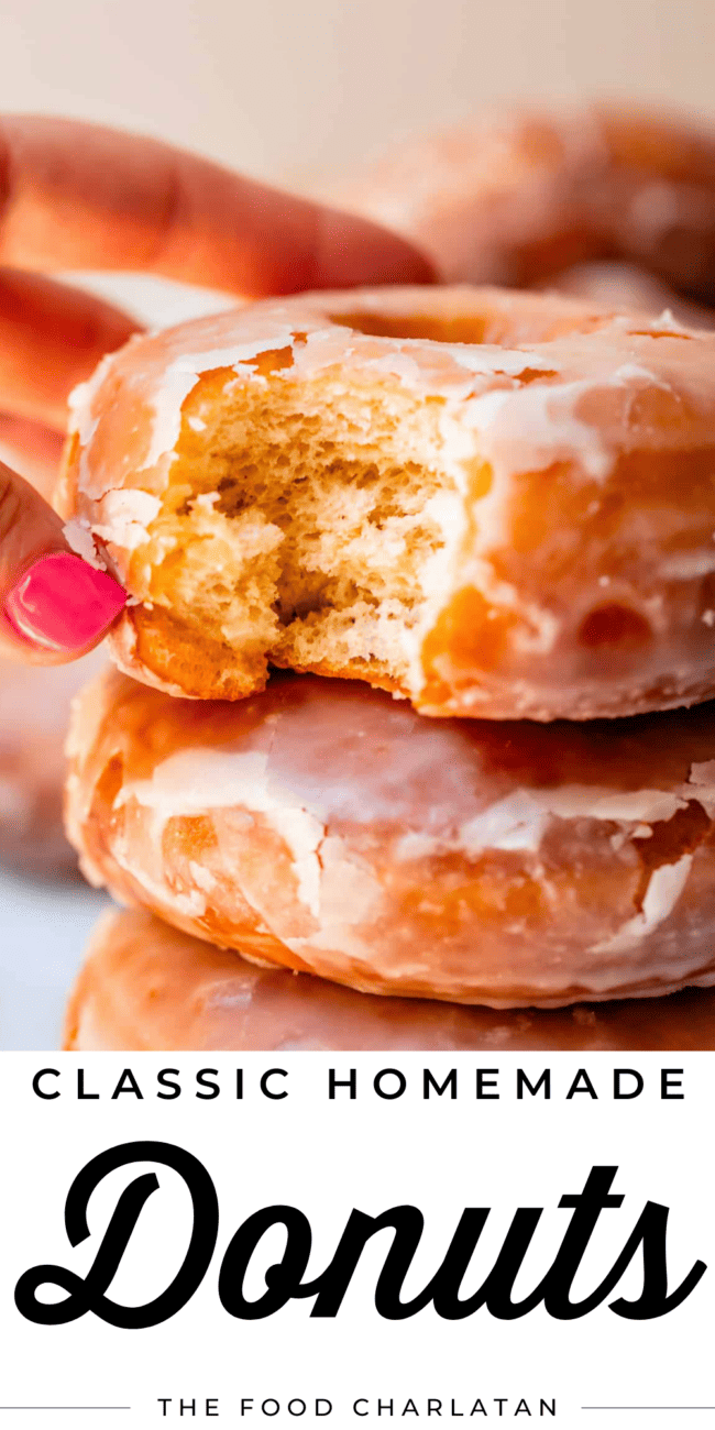 hand picking up a donut with text that says "classic homemade donuts".