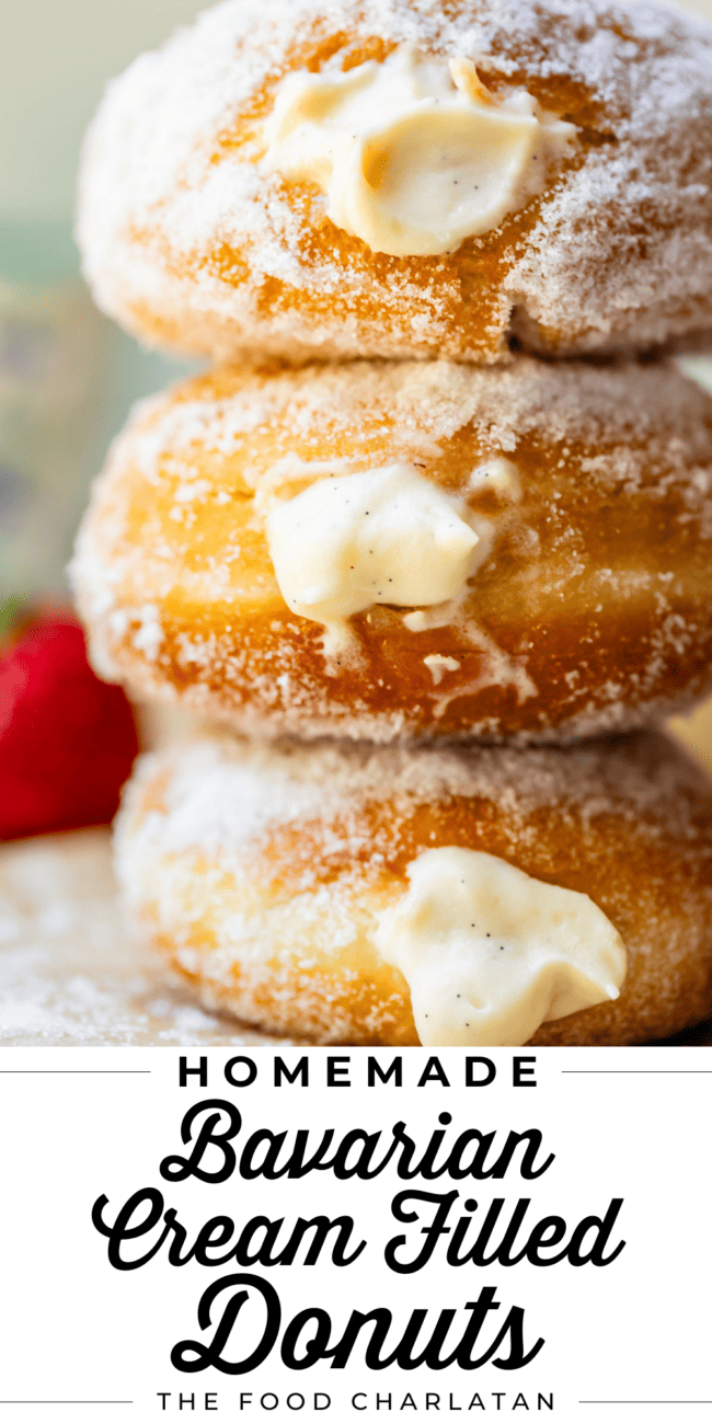 three stacked homemade Bavarian cream donuts with text "Homemade Bavarian cream filled donuts".
