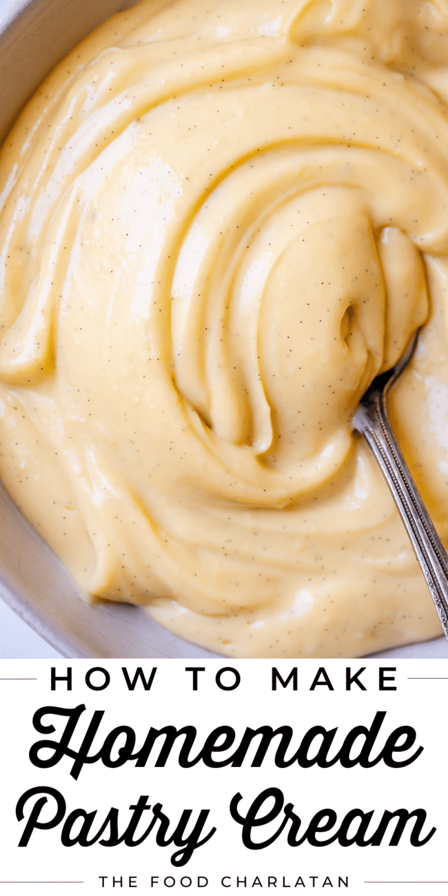 pastry cream in a bowl with a spoon.