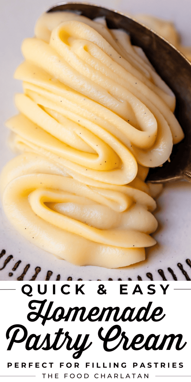 pastry cream piped onto a plate with a spoon.