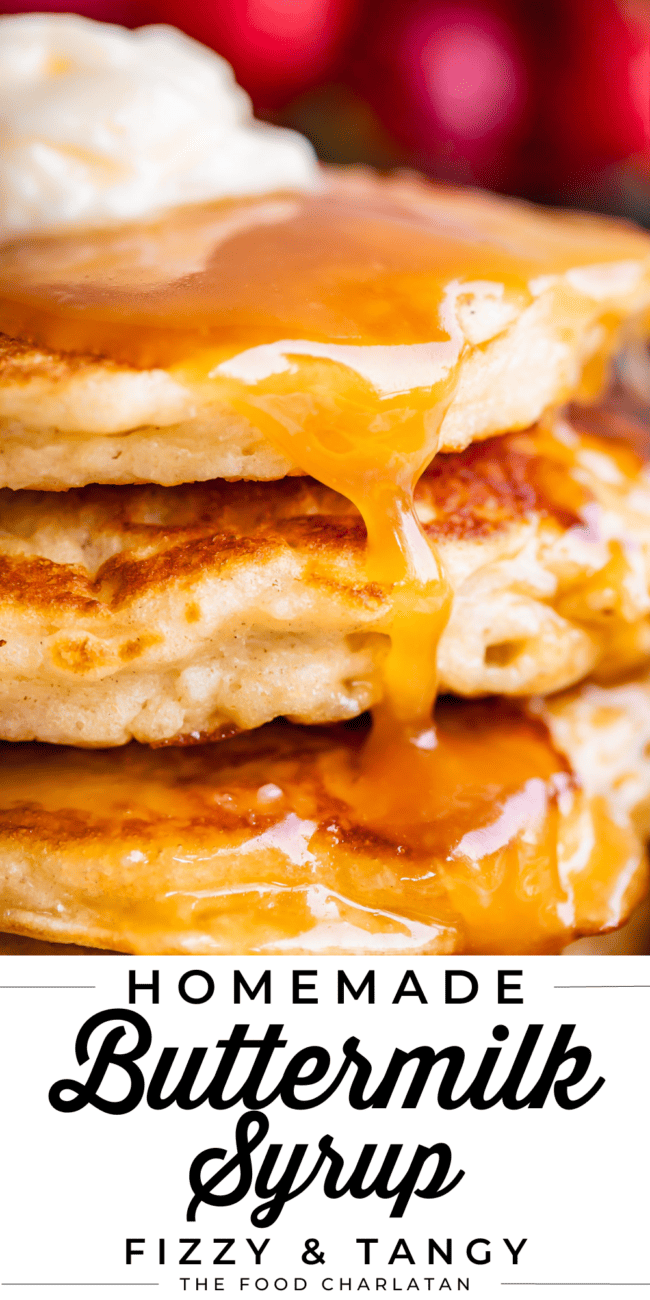 close up shot of buttermilk syrup recipe being drizzled over stack of pancakes.