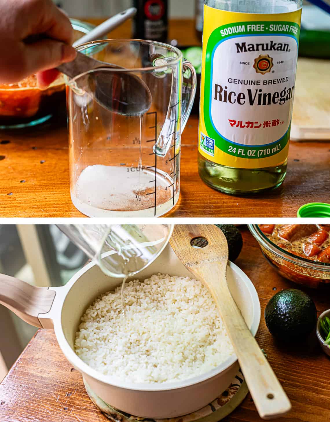 top sugar and rice vinegar in a measuring cup, bottom pouring the mixture into cooked rice.