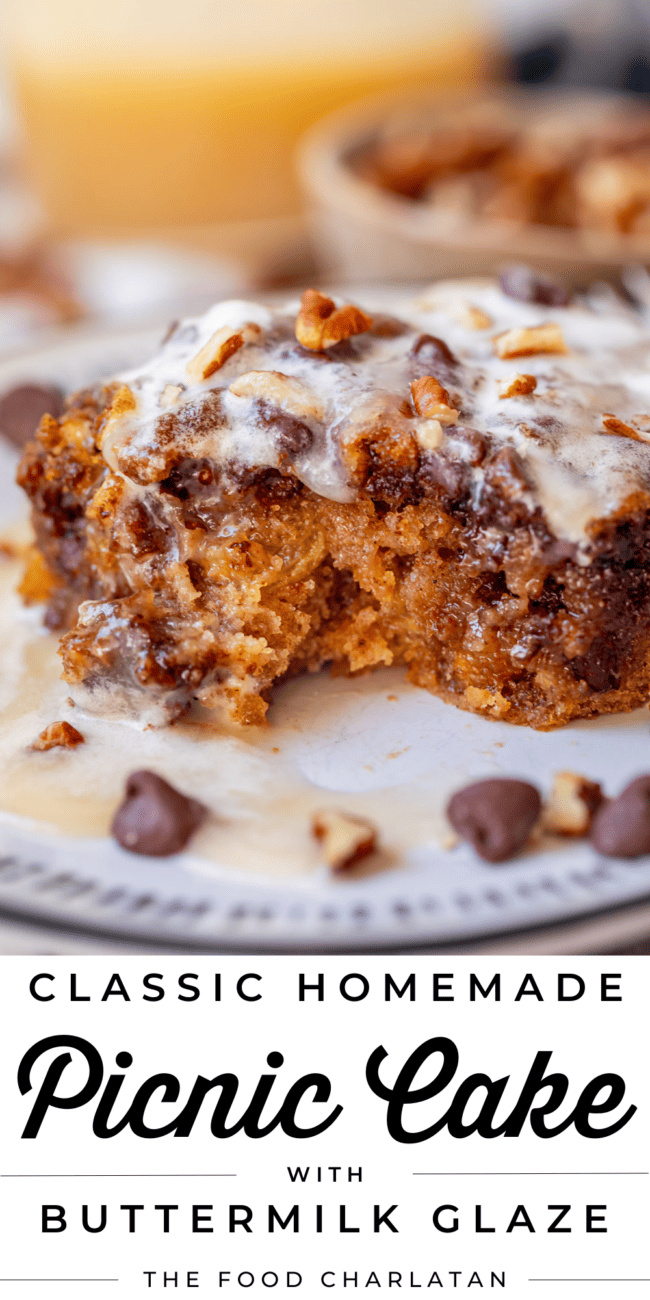 close up of a piece of picnic cake with a bite and text "classic homemade picnic cake".