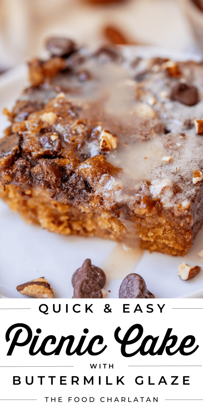 picnic cake with buttermilk glaze and topping with text "quick & easy picnic cake".