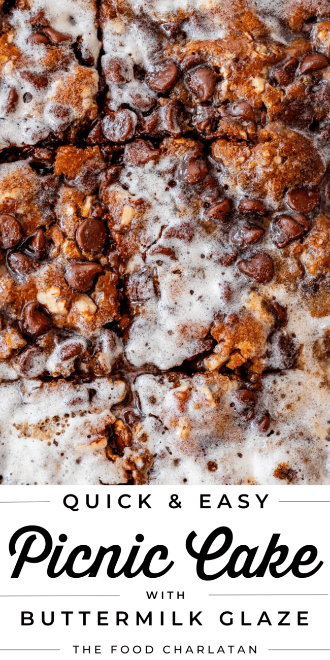overhead close up of cut picnic cake with text "quick & easy picnic cake with buttermilk glaze.