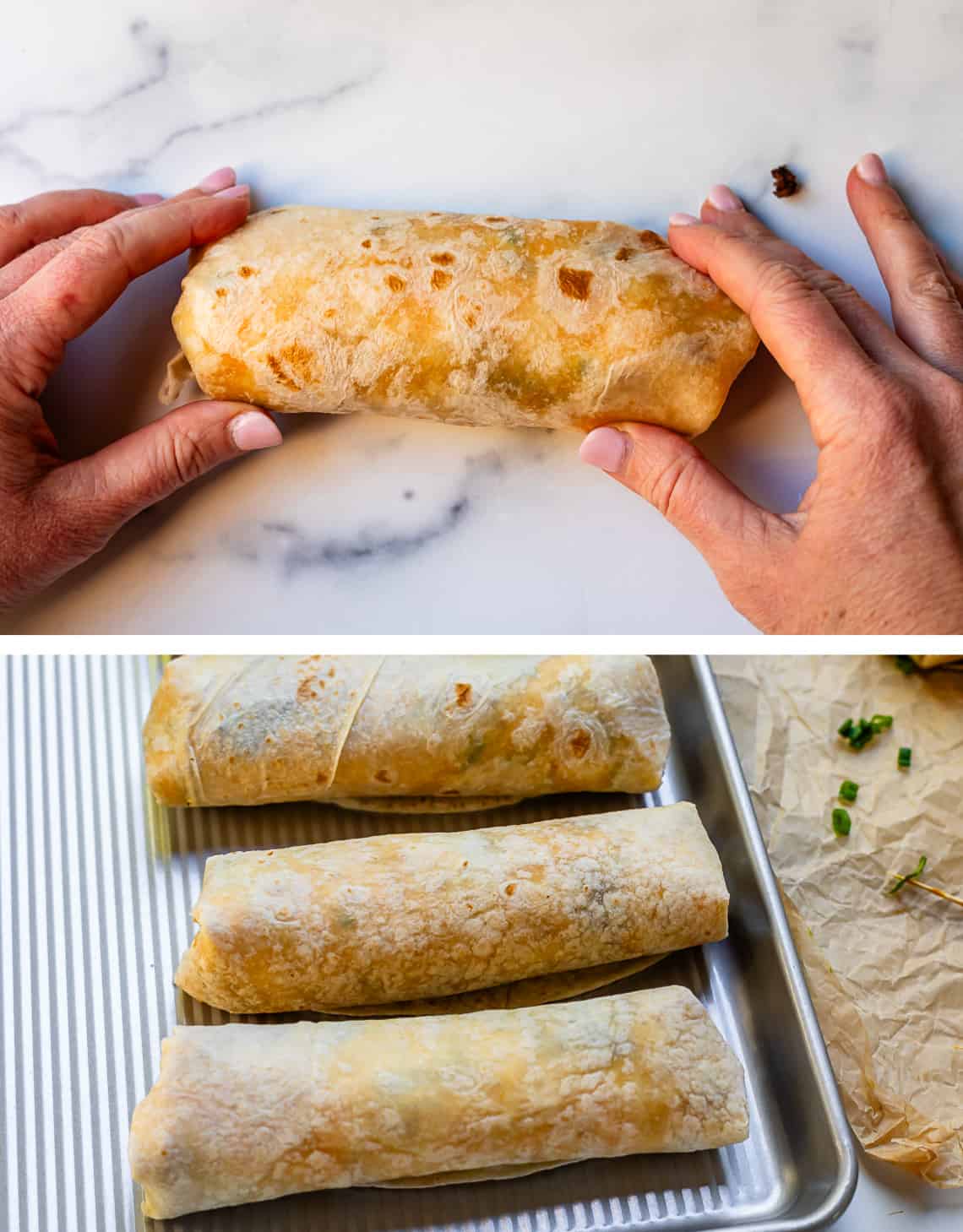 Breakfast burrito folded and pan with multiple breakfast burritos ready to be eaten or stored for freezing.