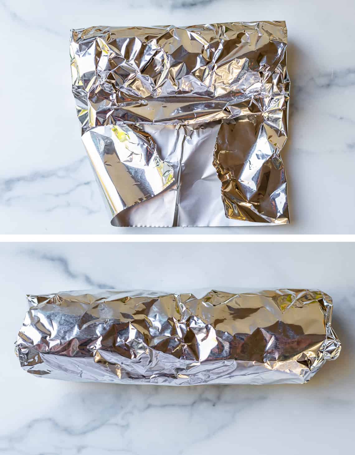 Fully wrapped breakfast burrito in foil ready to be frozen.