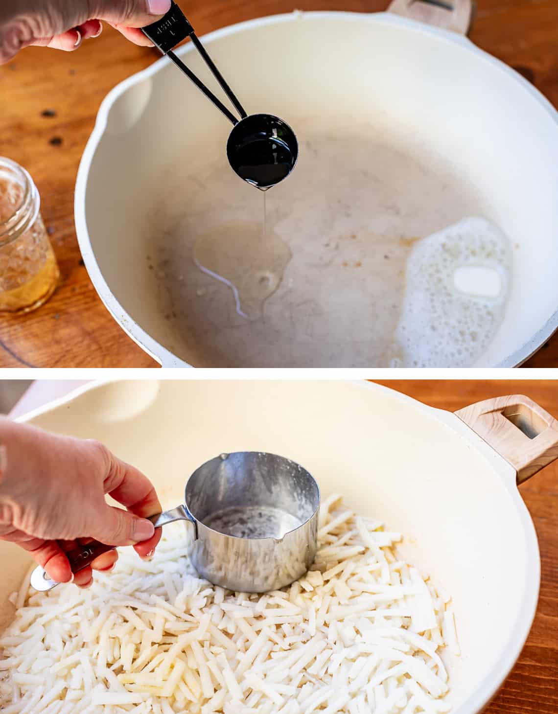 Measuring bacon grease on a pan for cooking and picture of packing hash browns in pan.