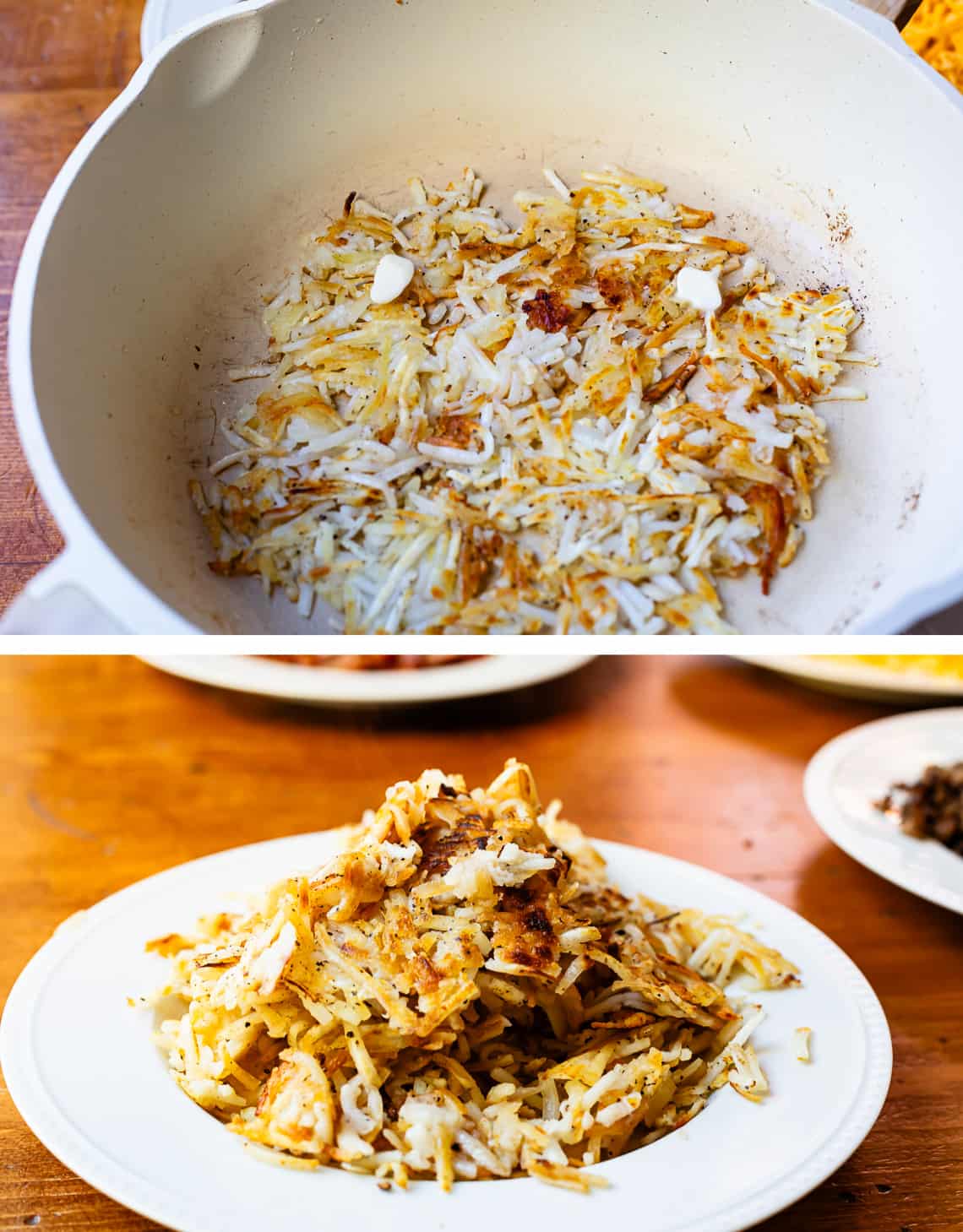 Cooking hashbrowns in a pan on the stove with butter on top and stacked cooked hasbrowns on a white plate looking crispy.