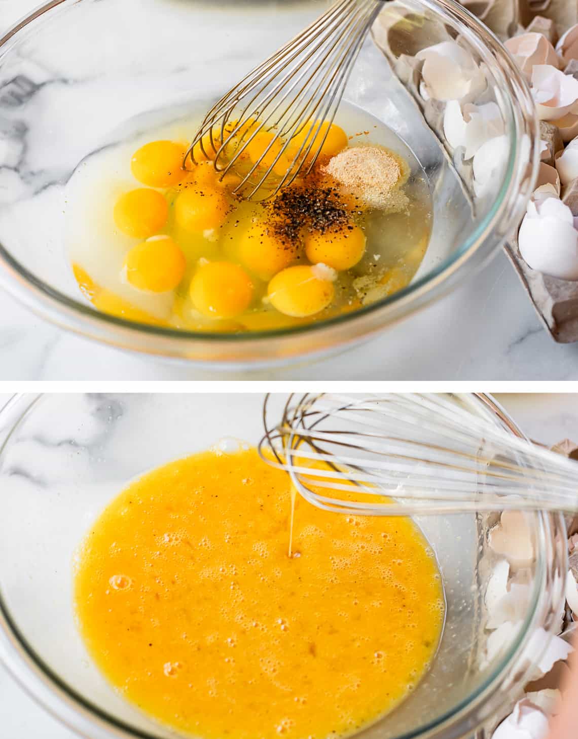 Cracked eggs in a clear glass bowl with spices ready to be whisked and mixed eggs in bowl after being whisked.