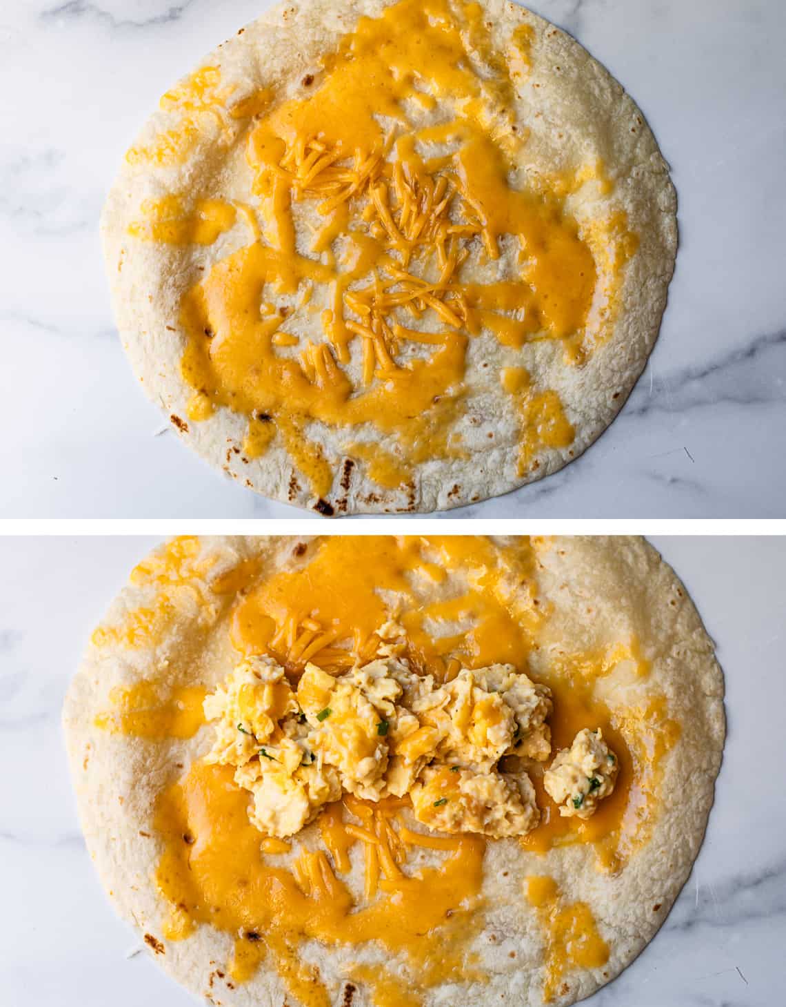Cheese scattered on tortilla followed by eggs being added to create burrito.