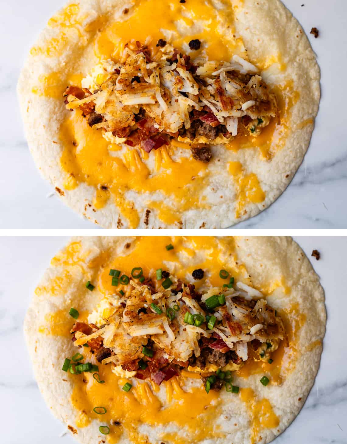 Breakfast burrito with toppings added included hashbrowns, green onions, eggs, meat, and cheese ready to be rolled up.