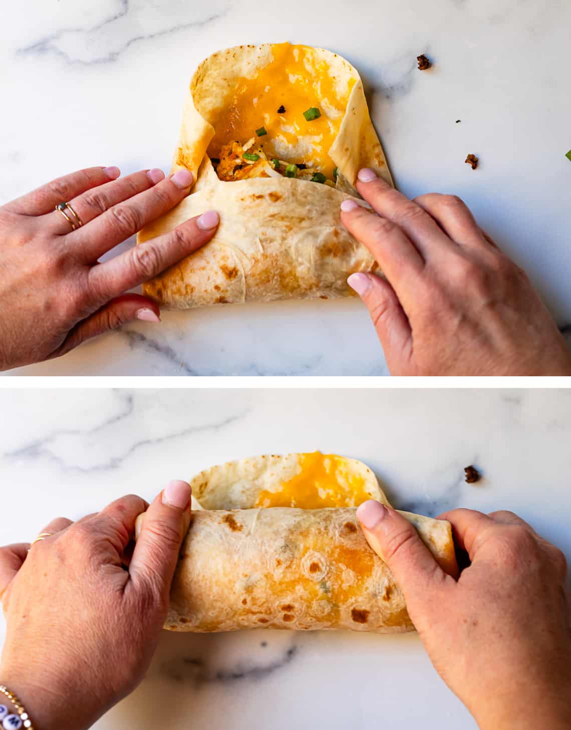 Folding over the top edge of a burrito and completed burrito.