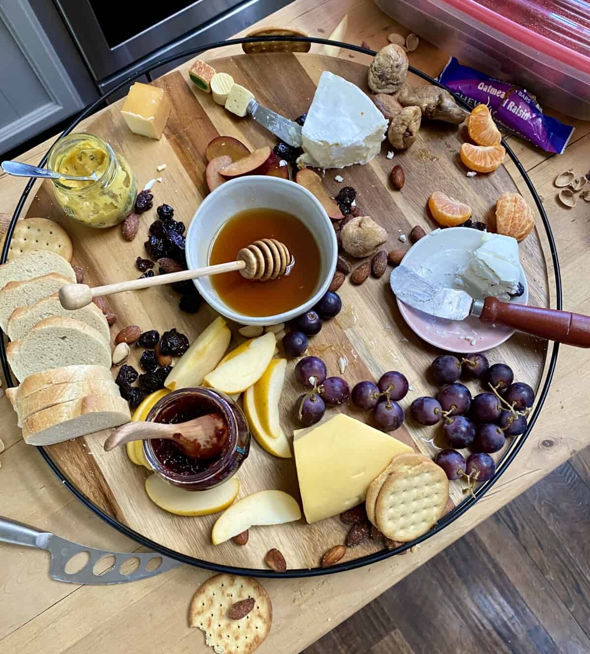 overhead shot of half eaten charcuterie board.