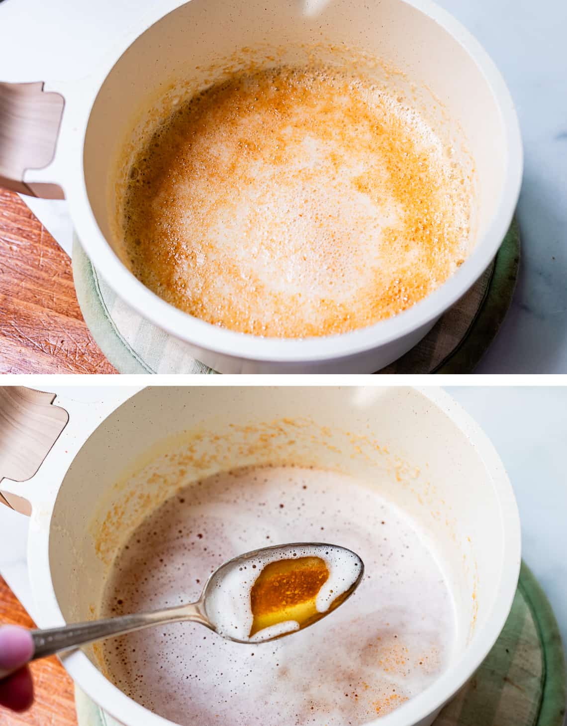 top small saucepan with butter browning in it, bottom a spoon holding browned butter over the pan.