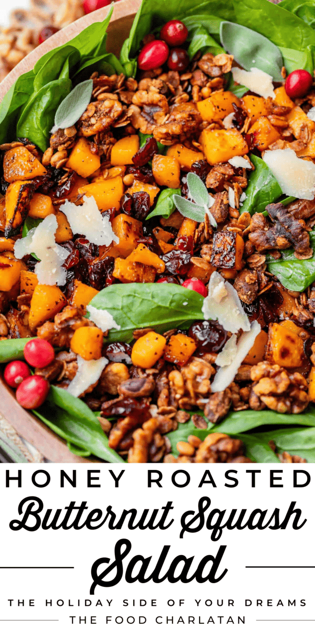 overhead shot of butternut spinach salad with fresh cranberries and sage.
