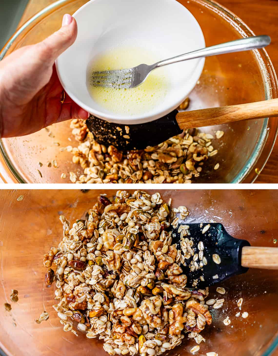 top whisked eggwhite in a bowl getting ready to pour over granola, bottom all mixed in.