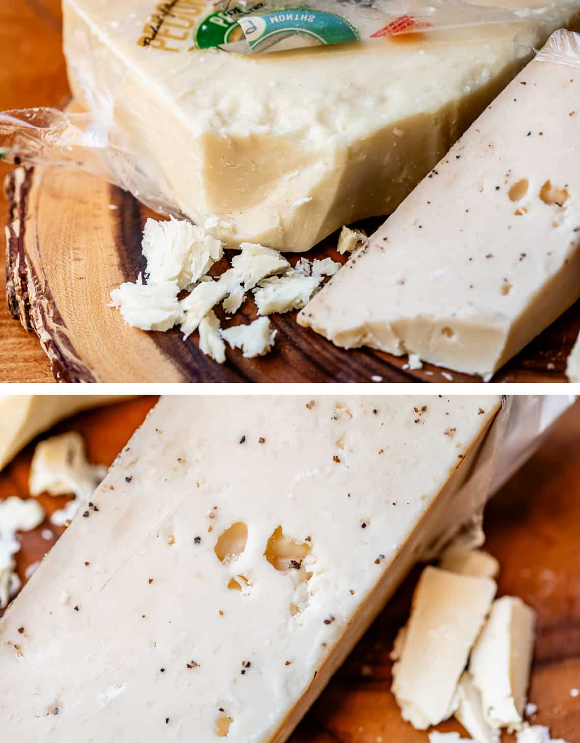 Close-up shot of cheese chowing different crumbly qualities including pecorino romano.