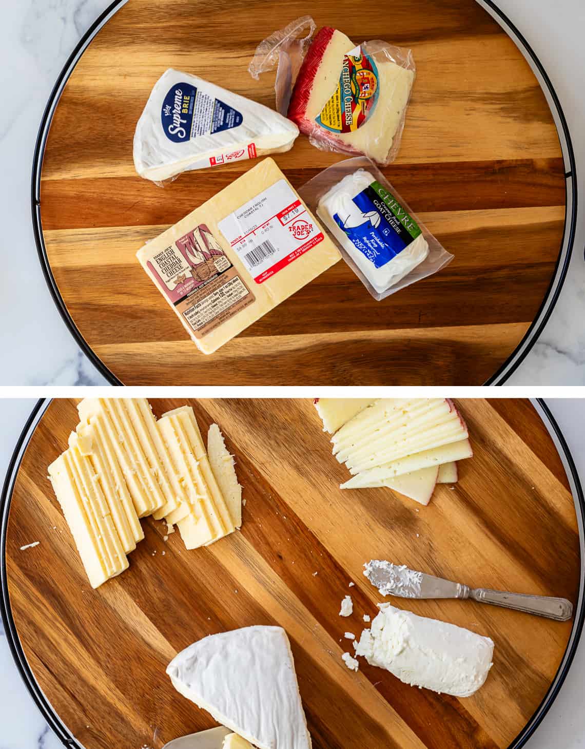Assembling charcuterie board starting with four cheeses in packaging and then sliced and ready out of packaging.