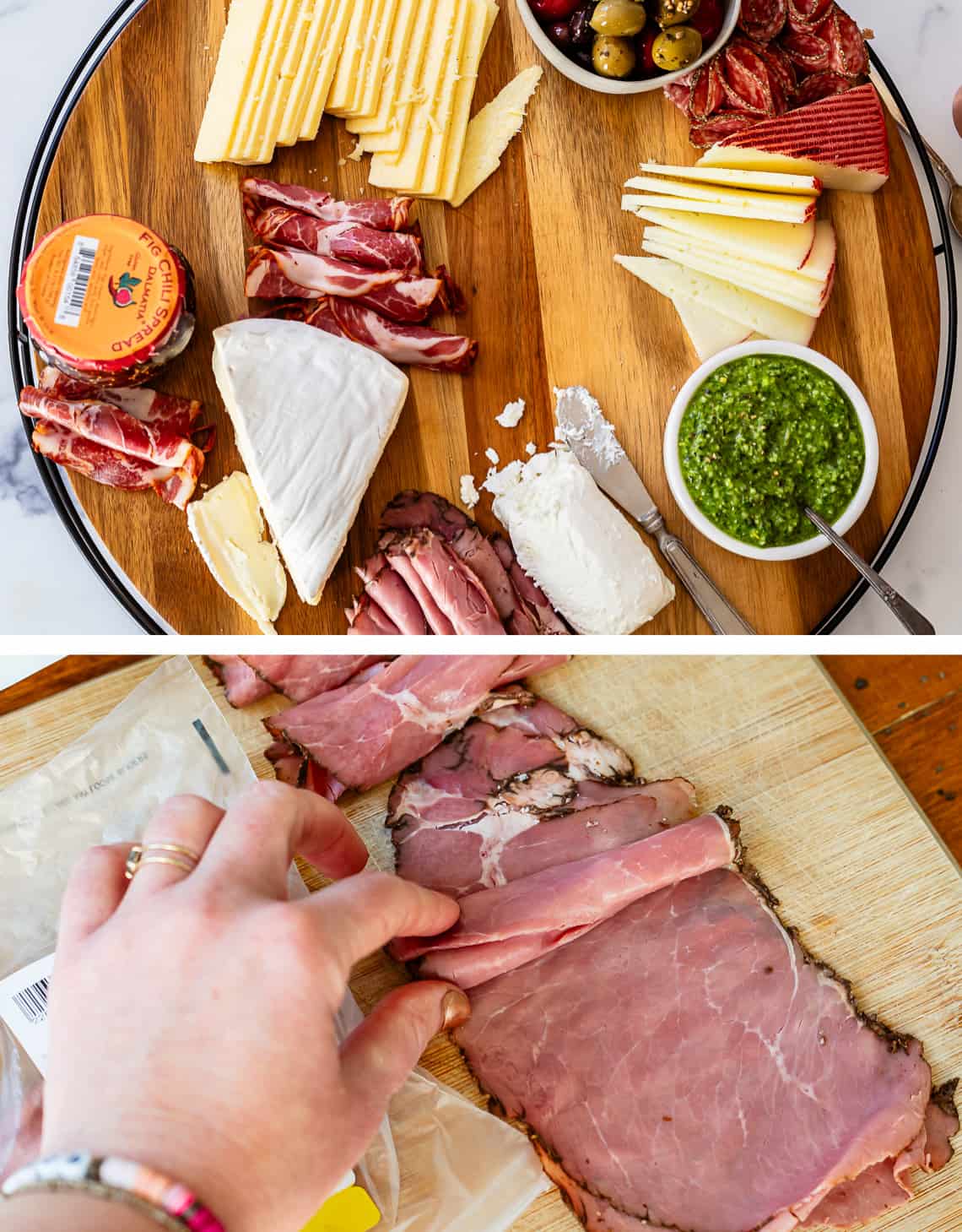 Rolling roast beef and other meats in order to add to charcuterie board also with above shot of board in assembly.