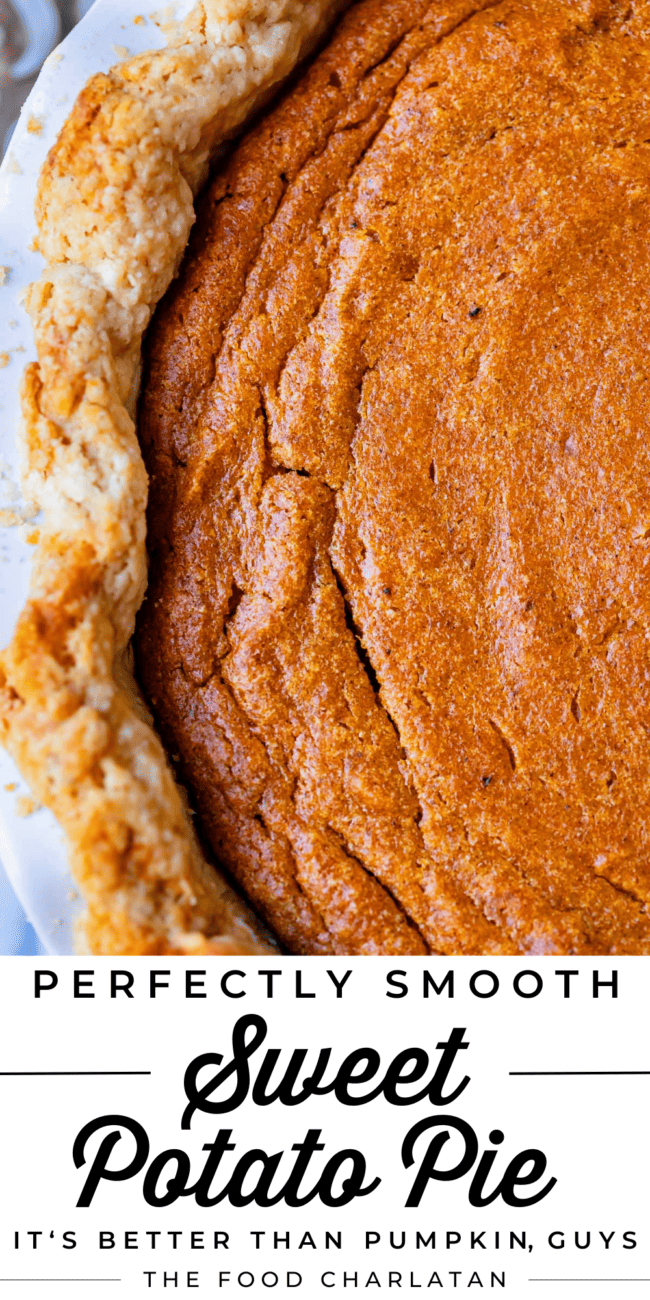 overhead shot of best homemade sweet potato pie with no garnish.