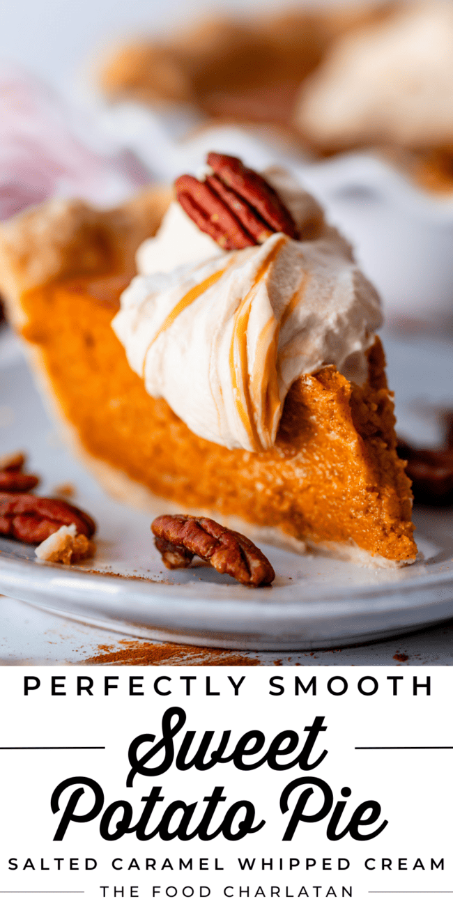 slice of sweet potato pie on a plate with pecans, topped with caramel whipped cream.