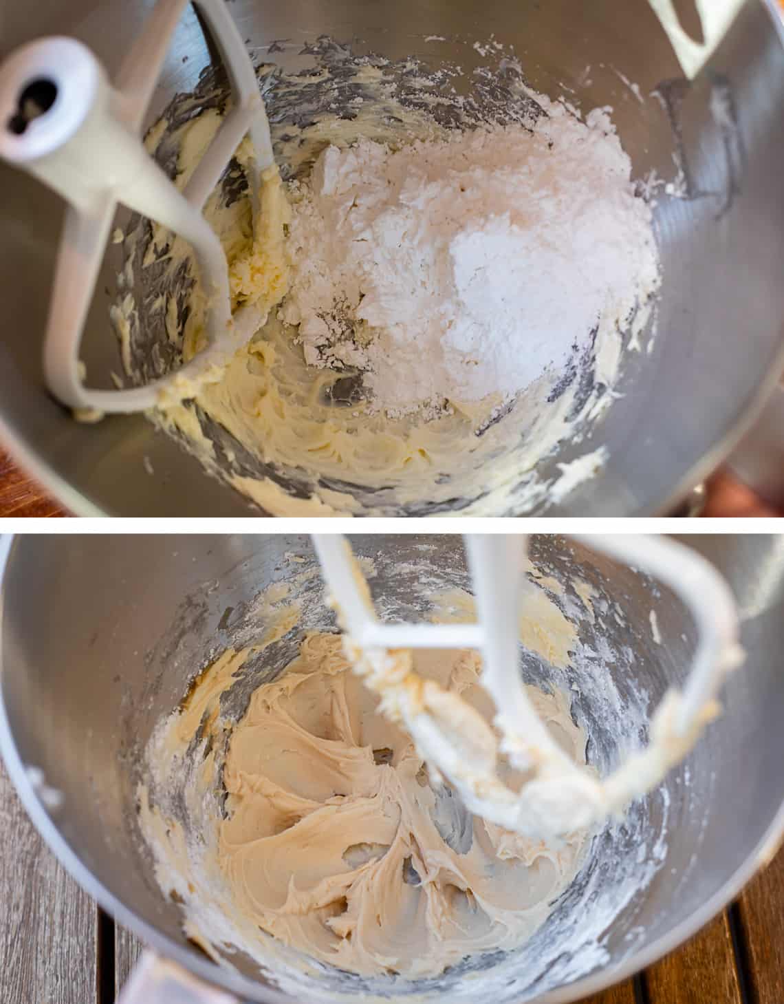 top adding powdered sugar to creamed butter, bottom after beating together.