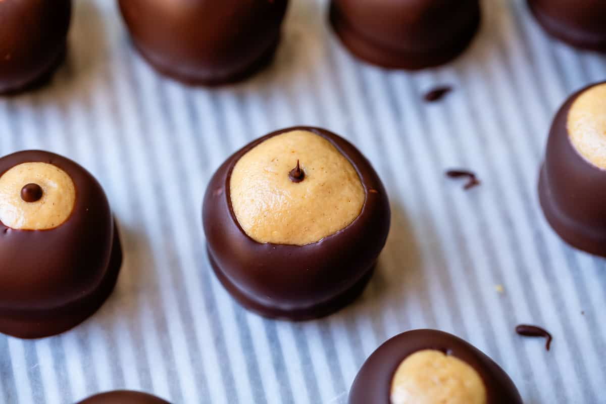 buckeye with the toothpick hole filled with chocolate, giving it a nice boob appearance.