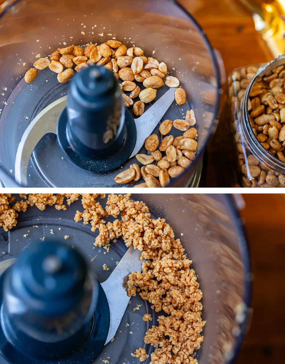 top whole peanuts in food processor, bottom teeny pulverized peanuts after processing.