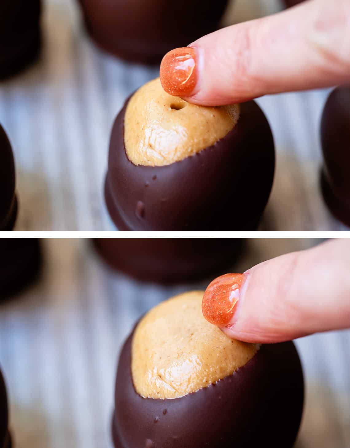 top finger next to a buckeye with a toothpick hole, bottom using the finger to smooth out the hole.