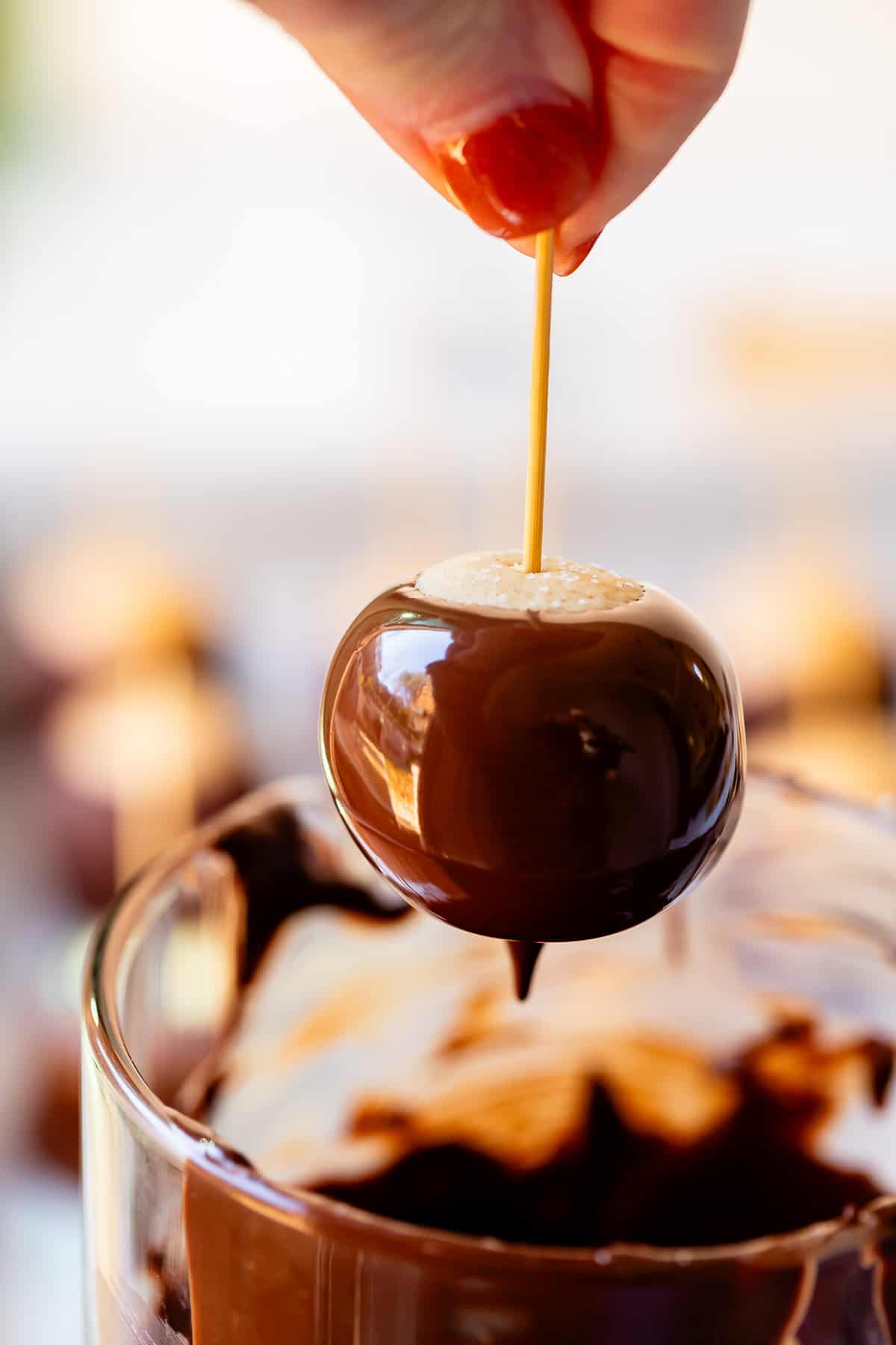 hand holding a freshly dipped buckeye by the toothpick over the dipping bowl to drip.