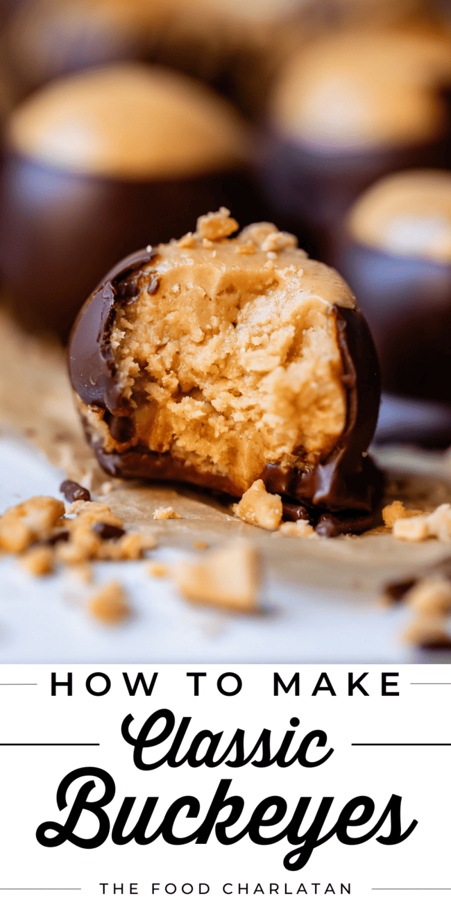 Close-up of buckeye candy with bite taken out revelaing crumbly and moist peanut butter entrance.